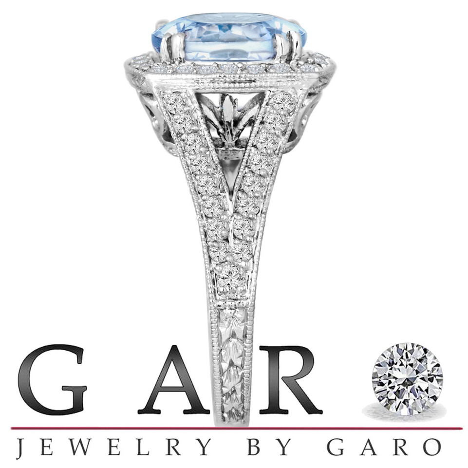 Platinum Aquamarine Engagement Ring 2.90 Carat Hand Engraved Certified Handmade
