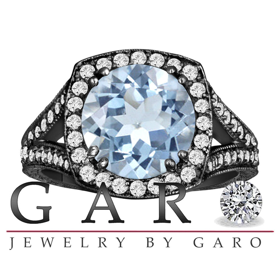 Aquamarine Engagement Ring Vintage Style 14K Black Gold 2.90 Carat Hand Engraved Certified Handmade