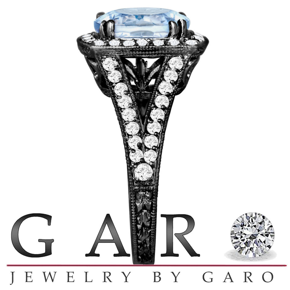 Aquamarine Engagement Ring Vintage Style 14K Black Gold 2.90 Carat Hand Engraved Certified Handmade