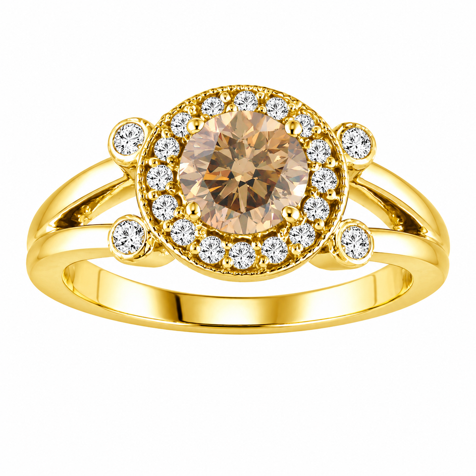 Natural Champagne Diamond Halo Engagement Ring 14K Yellow Gold 1.03 Carat Unique Certified Handmade