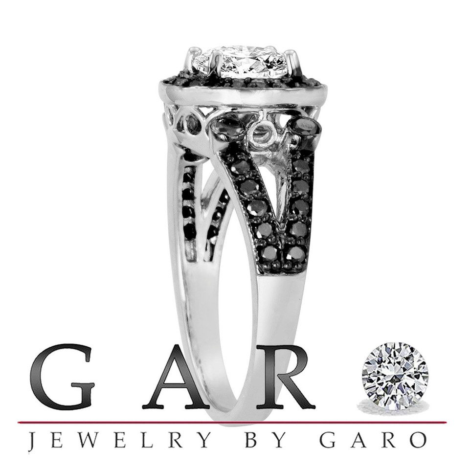 GIA Certified White & Black Diamond Engagement Ring 1.54 Carat 14k White Gold Unique Handmade