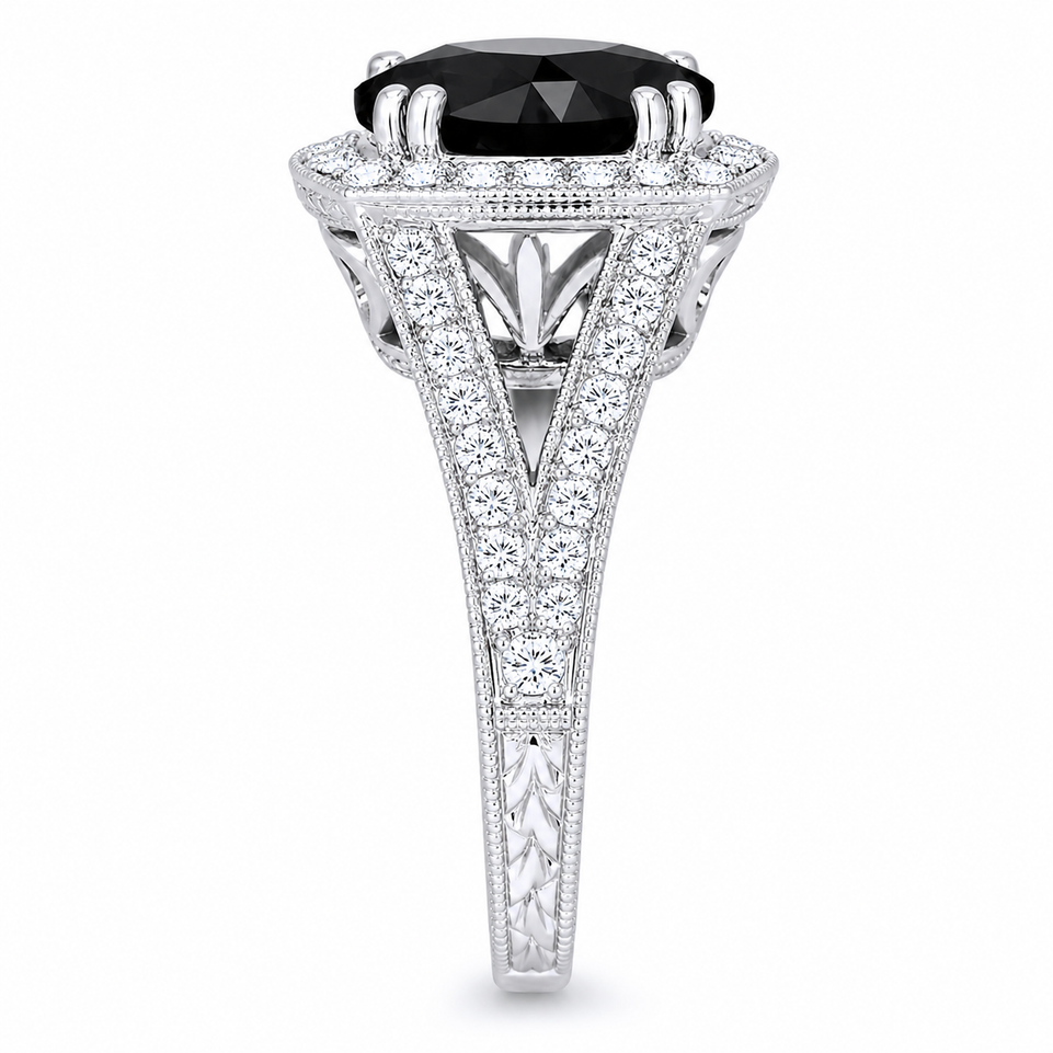 Black Diamond Hand Engraved Halo Engagement Ring Unique Vintage Style Filigree 4.02 Carat 14k White Gold Handmade Certified 