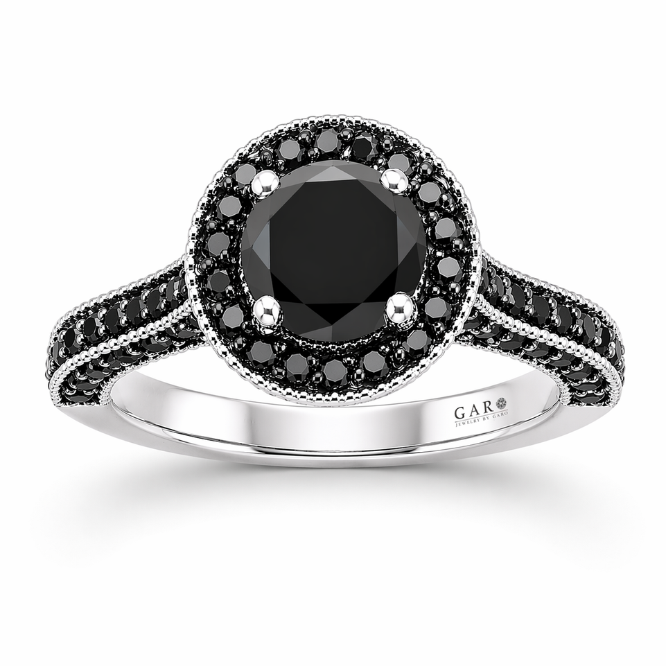 2 Carat Black Diamonds Halo Engagement Ring 14k White Gold Certified Handmade