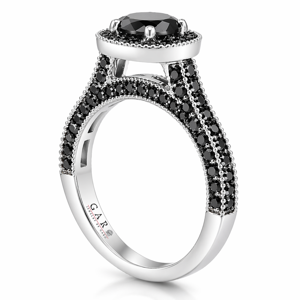 2 Carat Black Diamonds Halo Engagement Ring 14k White Gold Certified Handmade
