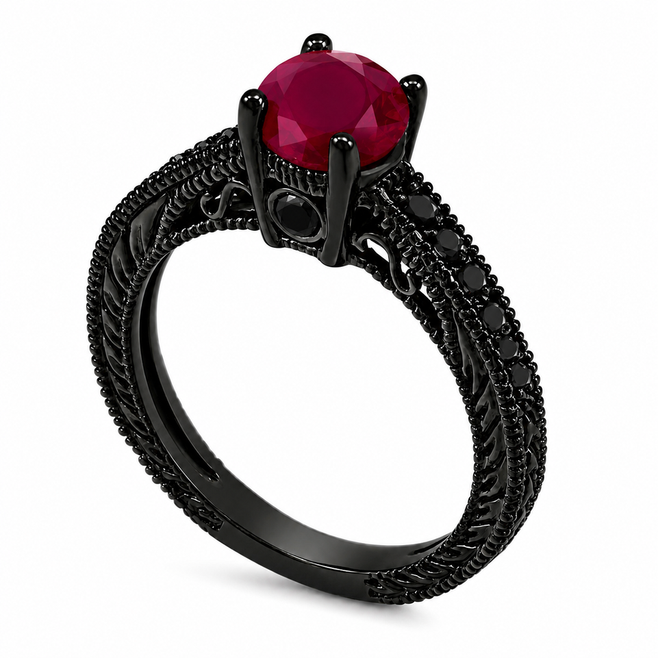 Ruby & Black Diamonds Engagement Ring 14K Black Gold Vintage Style Engraved 0.80 Carat Certified Handmade