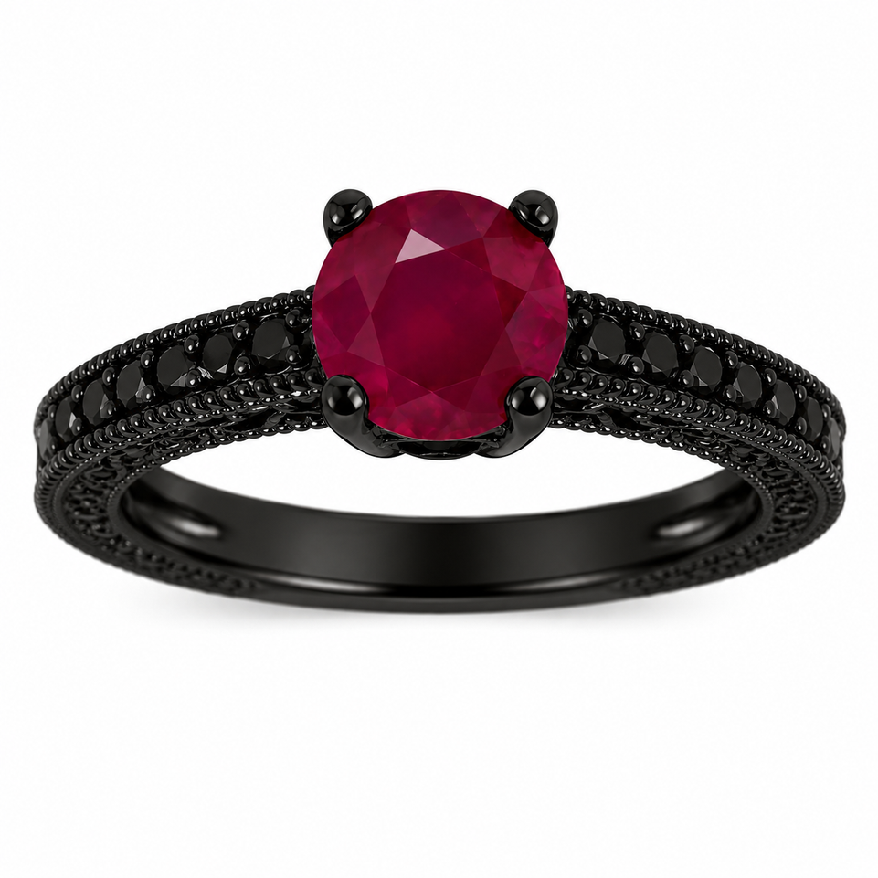 Ruby & Black Diamonds Engagement Ring 14K Black Gold Vintage Style Engraved 0.80 Carat Certified Handmade