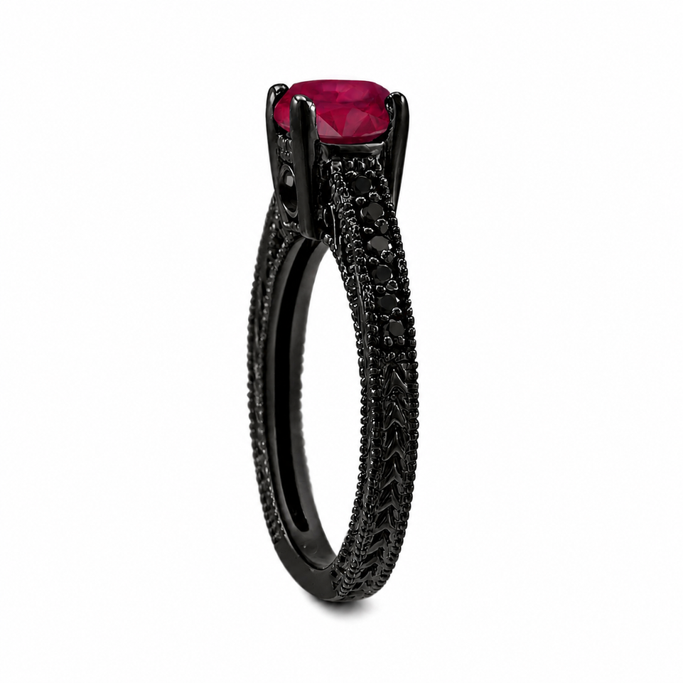 Ruby & Black Diamonds Engagement Ring 14K Black Gold Vintage Style Engraved 0.80 Carat Certified Handmade