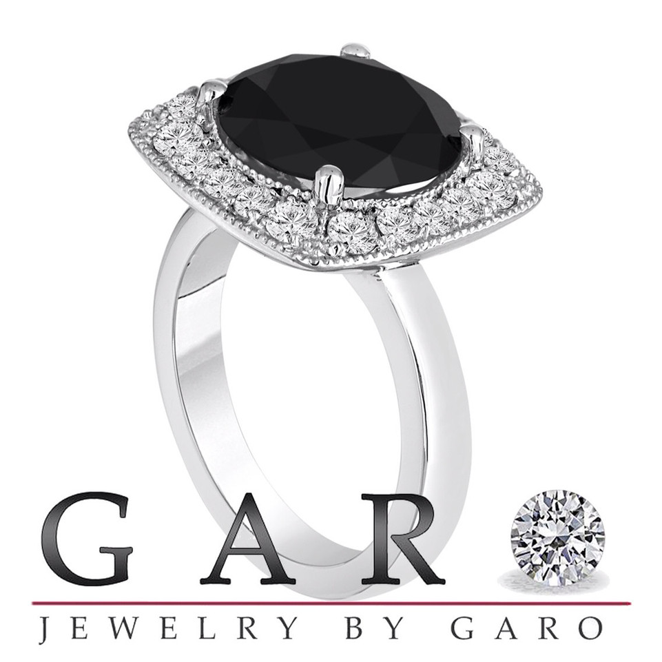 Huge Black Diamond Halo Engagement Ring 6.76 Carat 14K White Gold Unique Certified Handmade