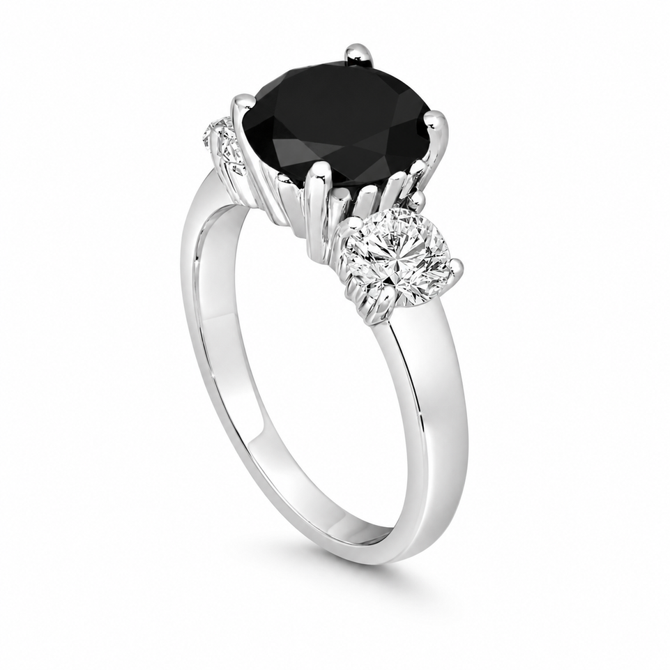 Platinum Black Diamond Three-Stone Engagement Ring 2.60 Carat Handmade Unique Certified