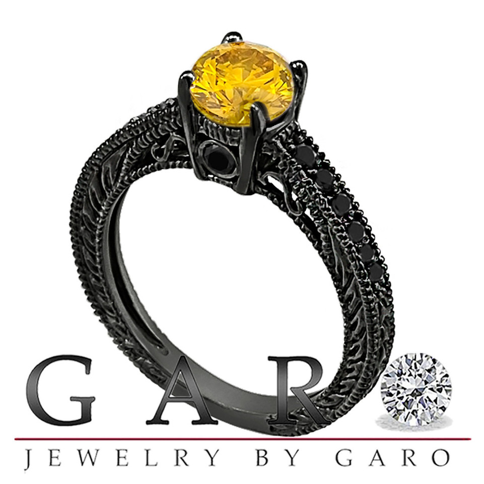 Fancy Yellow & Black Diamonds Engagement Ring Vintage Style 14K Black Gold 1.25 Carat Antique Style Engraved Handmade