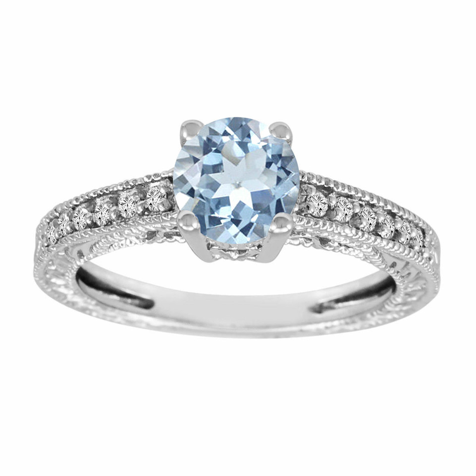 Unique Aquamarine Engagement Ring 14K White Gold 0.70 Carat Handmade
