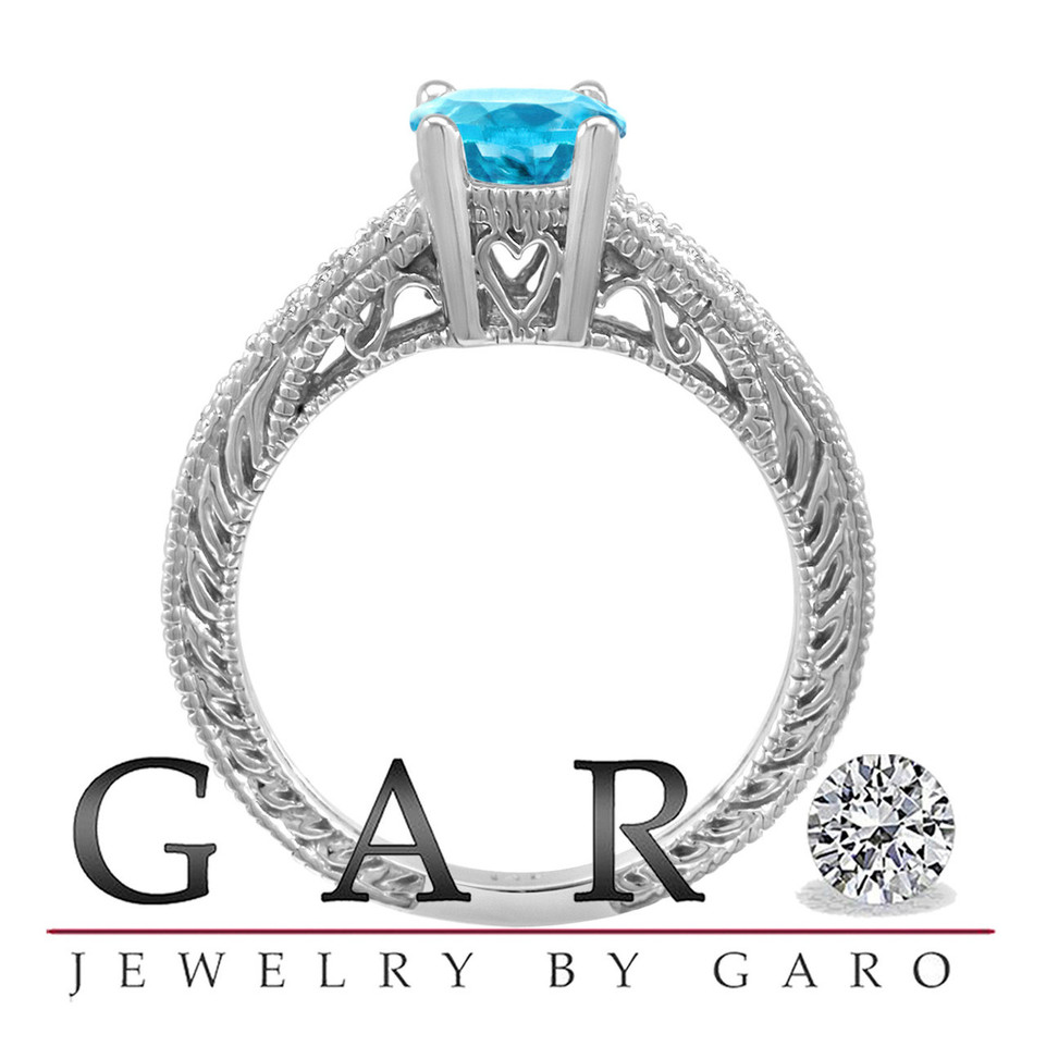 Unique Aquamarine Engagement Ring 14K White Gold 0.70 Carat Handmade