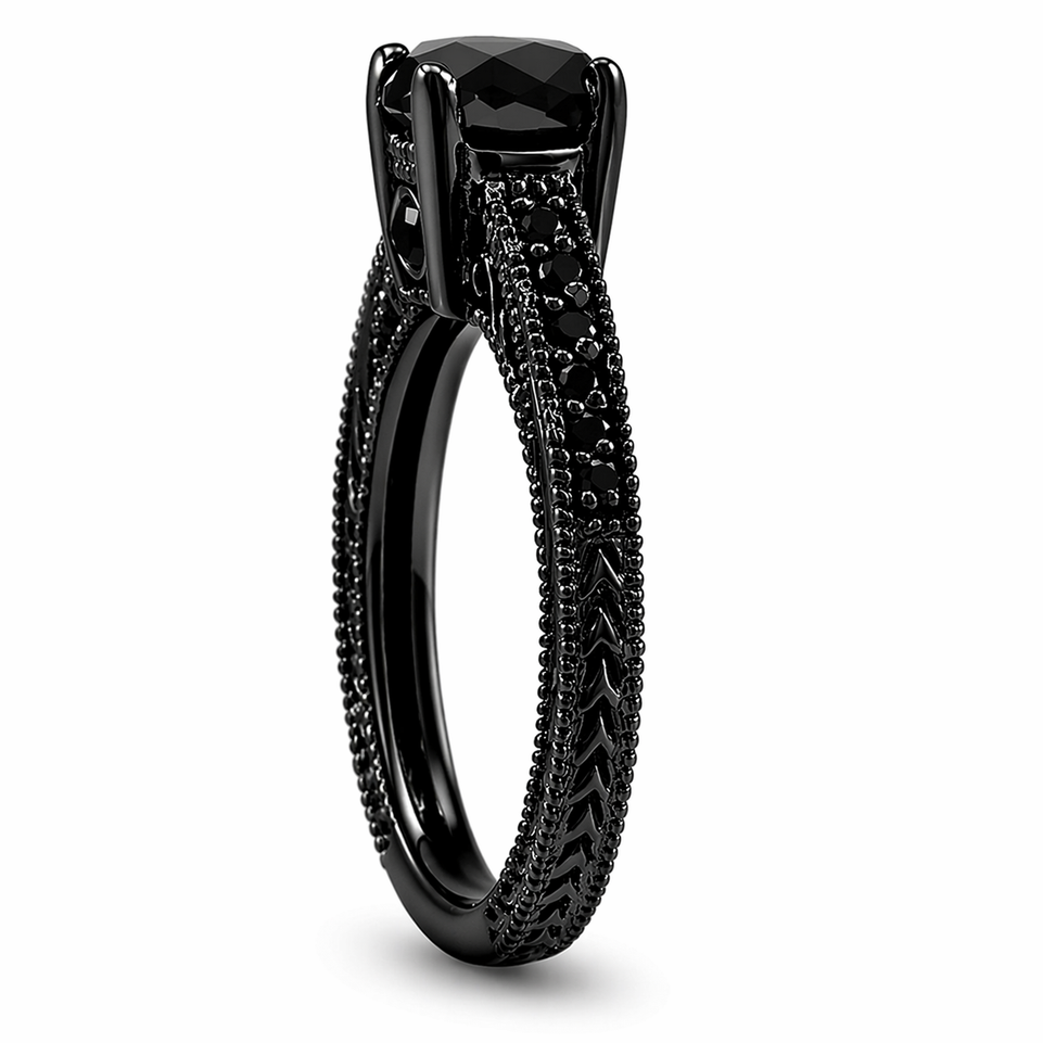 Black Diamond Unique Engagement Ring Vintage Style Engraved 14K Black Gold 1.35 Carat Certified Handmade