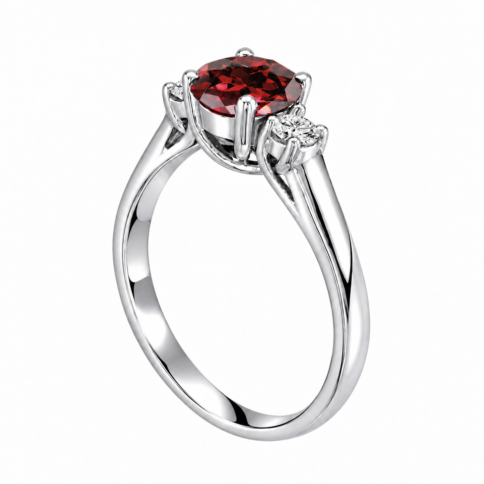 Red Garnet & Diamond Three Stone Engagement Ring 14K White Gold Or Yellow Gold 1.24 Carat Birthstone Handmade