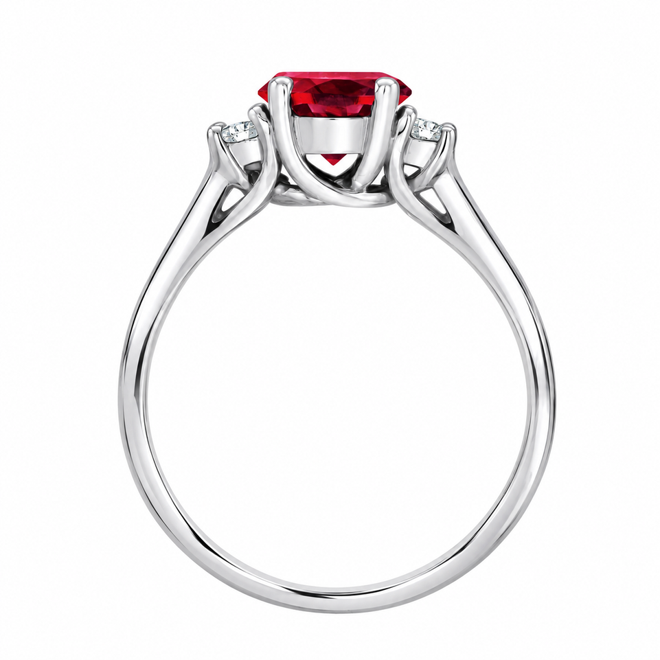 Red Garnet & Diamond Three Stone Engagement Ring 14K White Gold Or Yellow Gold 1.24 Carat Birthstone Handmade