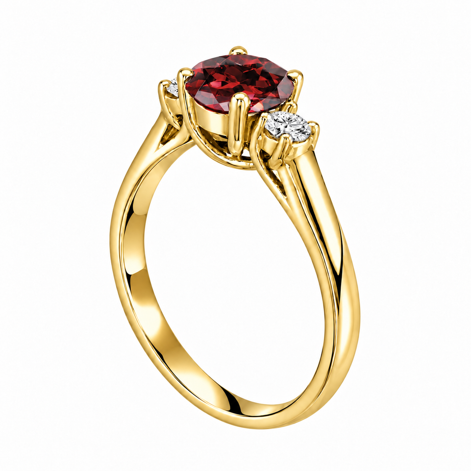 Red Garnet & Diamond Three Stone Engagement Ring 14K White Gold Or Yellow Gold 1.24 Carat Birthstone Handmade