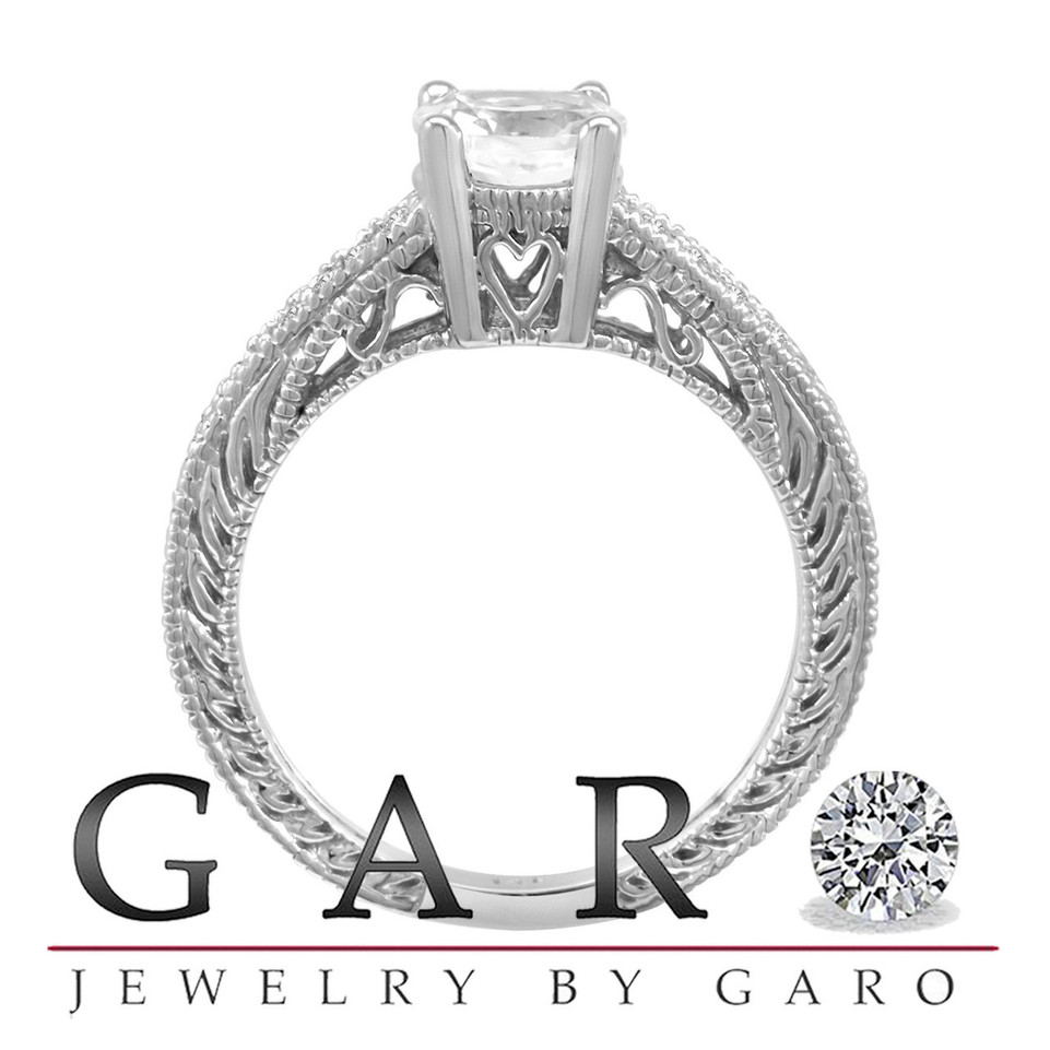 White Topaz & Diamond Engagement Ring 1.00 Carat Antique Vintage Style Engraved 14K White Gold Handmade
