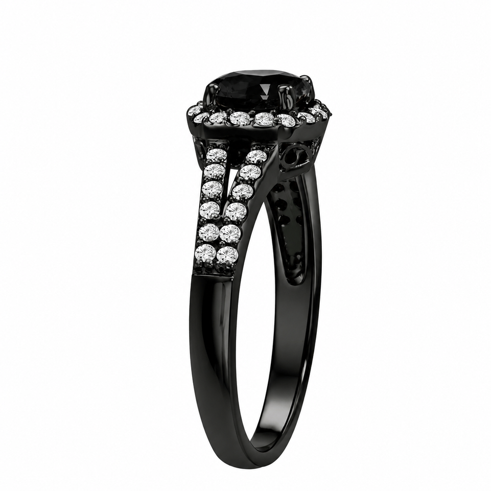 Vintage Black Diamond Halo Engagement Ring 1.41 Carat 14K Black Gold Handmade Certified