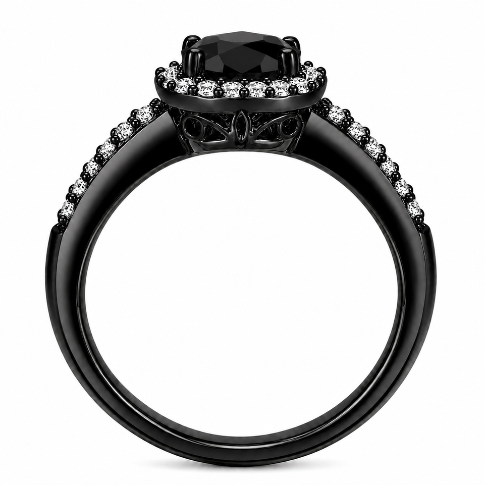 Vintage Black Diamond Halo Engagement Ring 1.41 Carat 14K Black Gold Handmade Certified