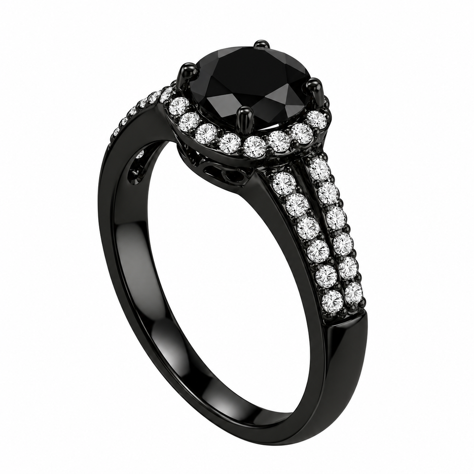 Vintage Black Diamond Halo Engagement Ring 1.41 Carat 14K Black Gold Handmade Certified