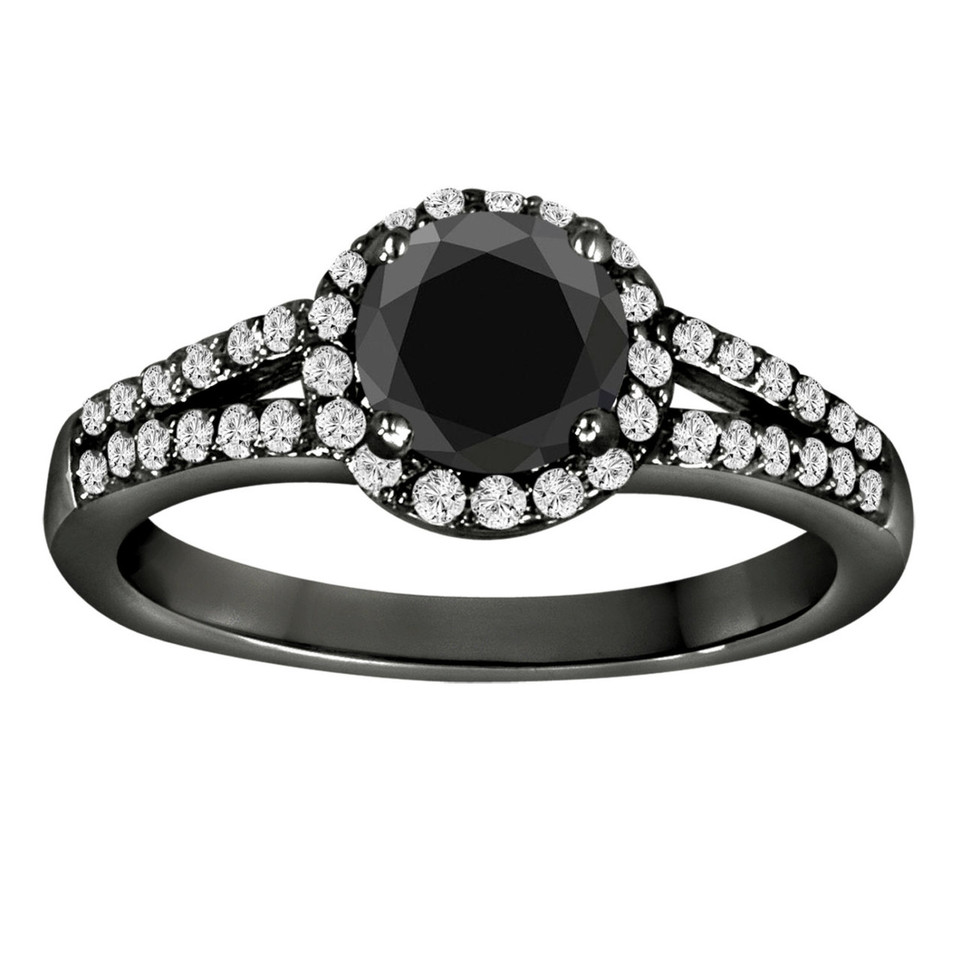 Black & White Diamonds Halo Engagement Ring 1.41 Carat Vintage Style 14K Black Gold