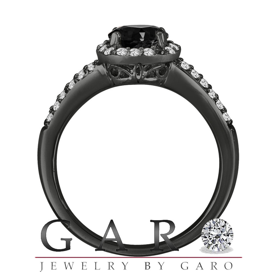 Black & White Diamonds Halo Engagement Ring 1.41 Carat Vintage Style 14K Black Gold