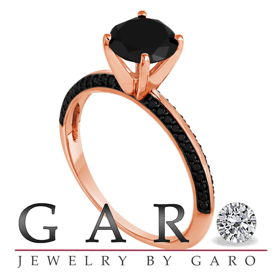 Fancy Black Diamond Engagement Ring 1.34 Carat 14K Rose Gold Micro Pave Set handmade