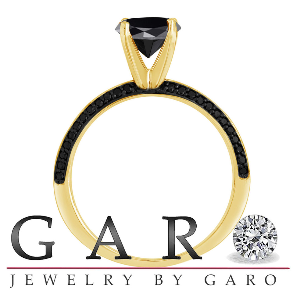 Fancy Black Diamond Engagement Ring 1.34 Carat 14K Yellow Gold Micro Pave Set handmade