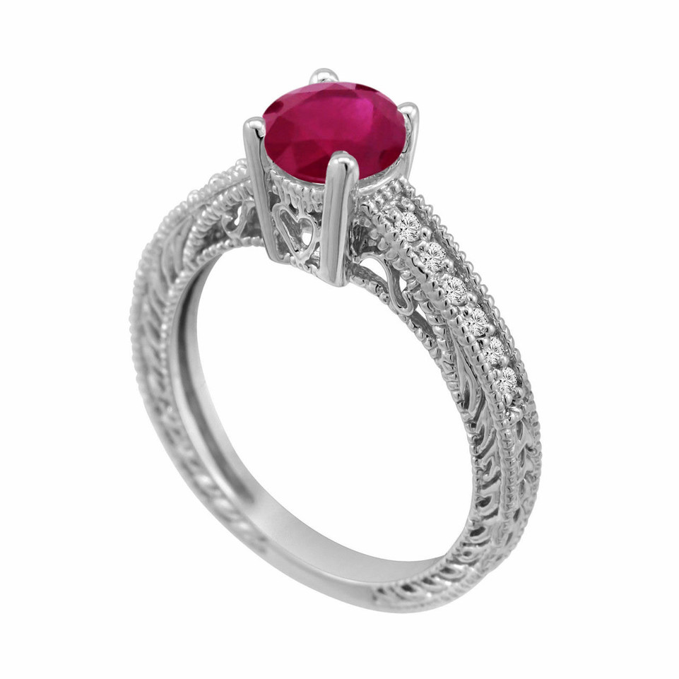 Ruby & Diamond Engagement Ring 0.64 Carat Style 14k White Gold Antique Style Engraved Certified Handmade