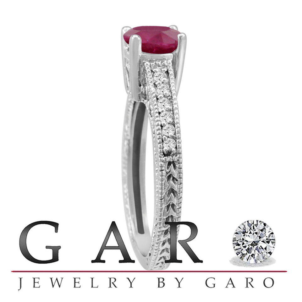 Ruby & Diamond Engagement Ring 0.64 Carat Style 14k White Gold Antique Style Engraved Certified Handmade