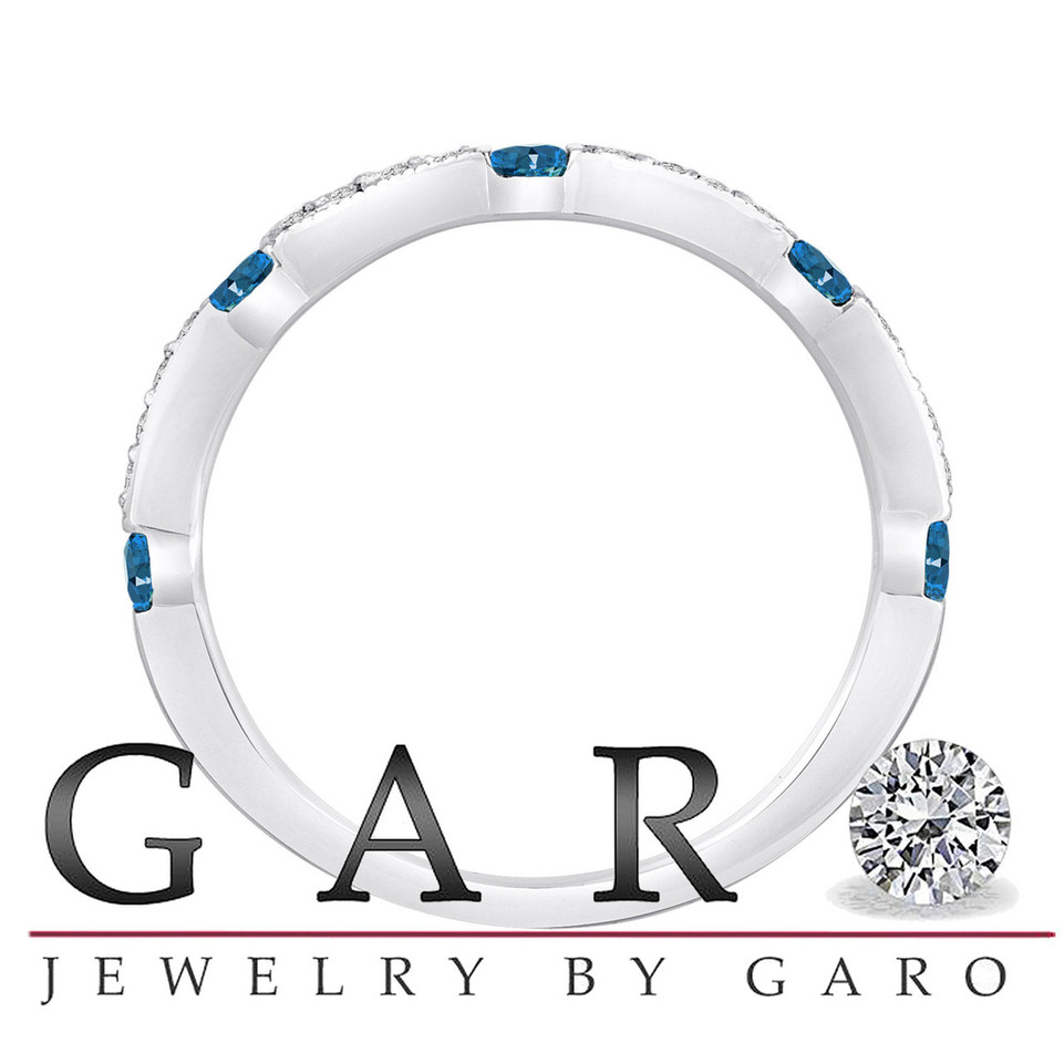  Half Eternity Blue & White Diamond Wedding Anniversary Band 14K White Gold 0.44 Carat Handmade Certificate 
