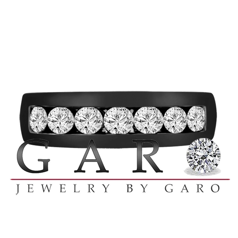 Mens Diamonds Wedding Band, Unisex Anniversary Ring 0.77 Carat 14K Black Gold Vintage Style 7 Stone Channel Set 5mm Certified Handmade