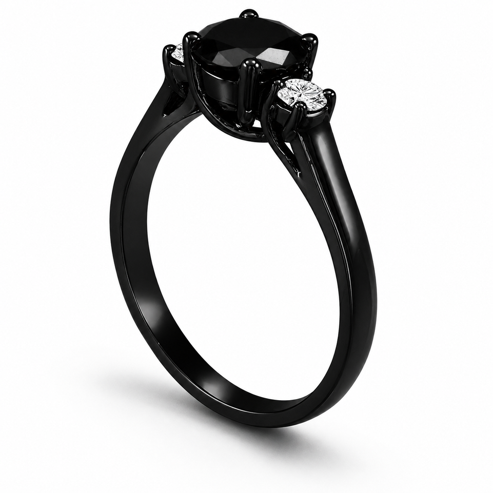 Black Diamond Three Stone Engagement Ring Vintage Style 14K Black Gold 1.25 Carat Certified Handmade
