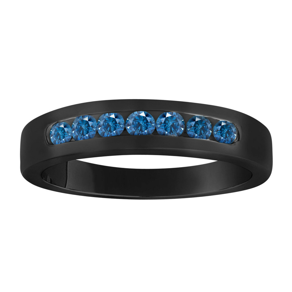 Blue Diamond Wedding Band Vintage Style 14K Black Gold 7 Stone Canal Set 0.38 Carat Handmade