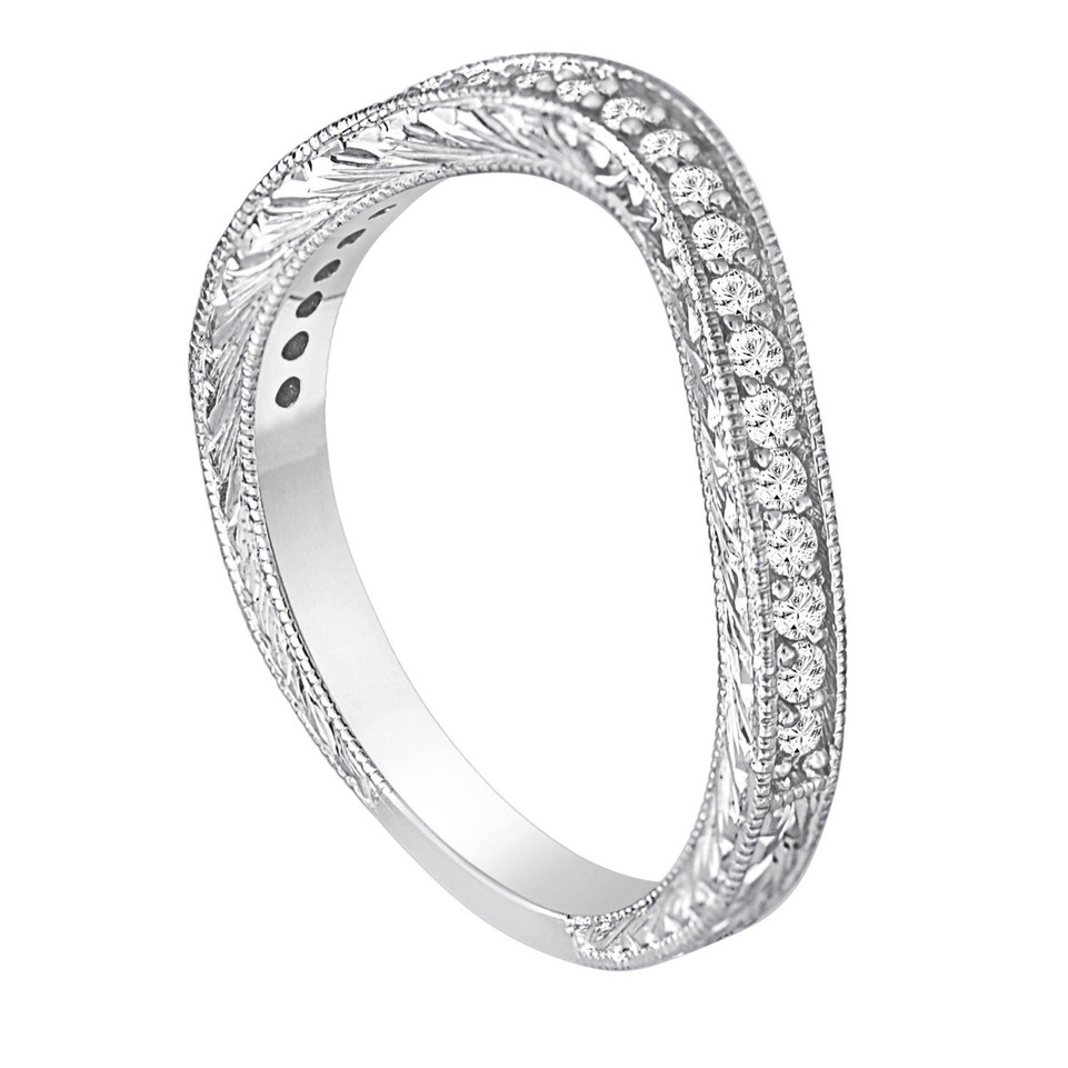 Diamond Curve Wedding Band, Filigree Wedding Ring, Vintage Style Hand Engraved 14K White Gold 0.23 Carat Handmade Unique
