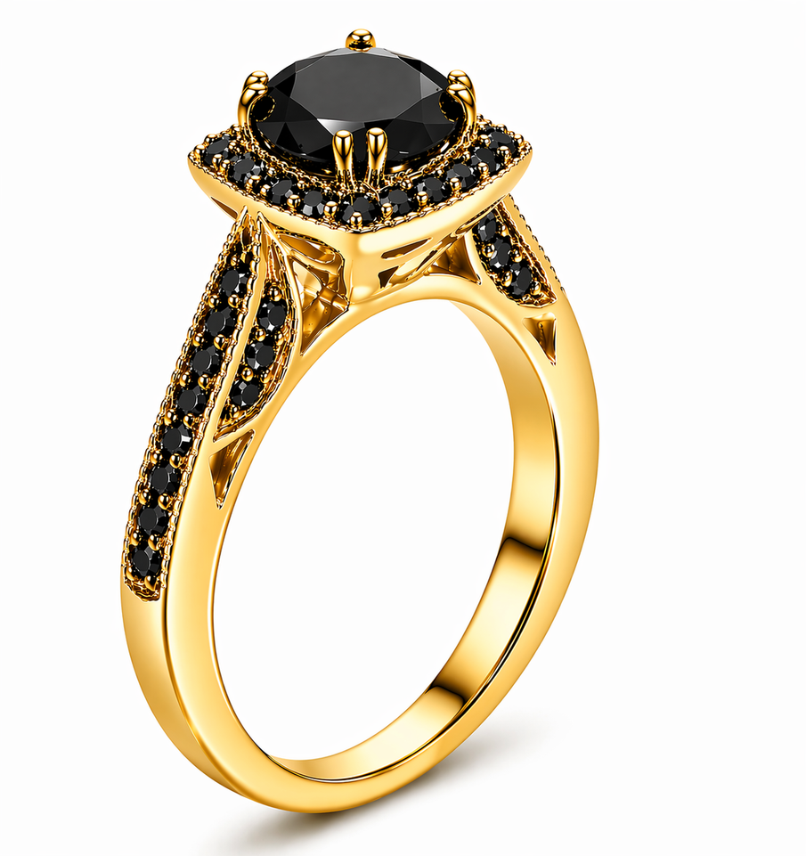 1.50 Carat Black Diamond Cocktail Ring 18K White Gold Or Yellow Gold Halo Certified Handmade
