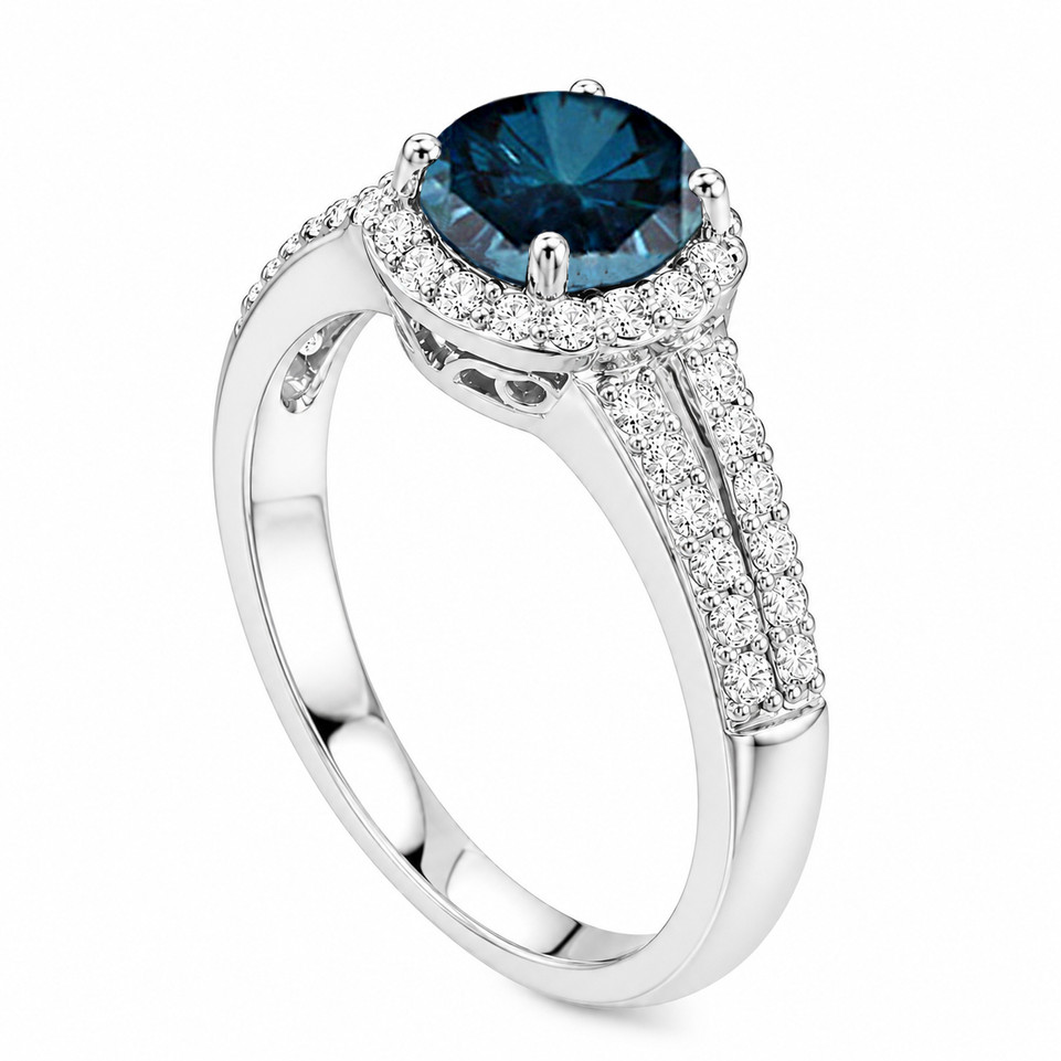 Blue Diamond Halo Engagement Ring 1.36 Carat 14K White Gold or Yellow Gold Certified Handmade