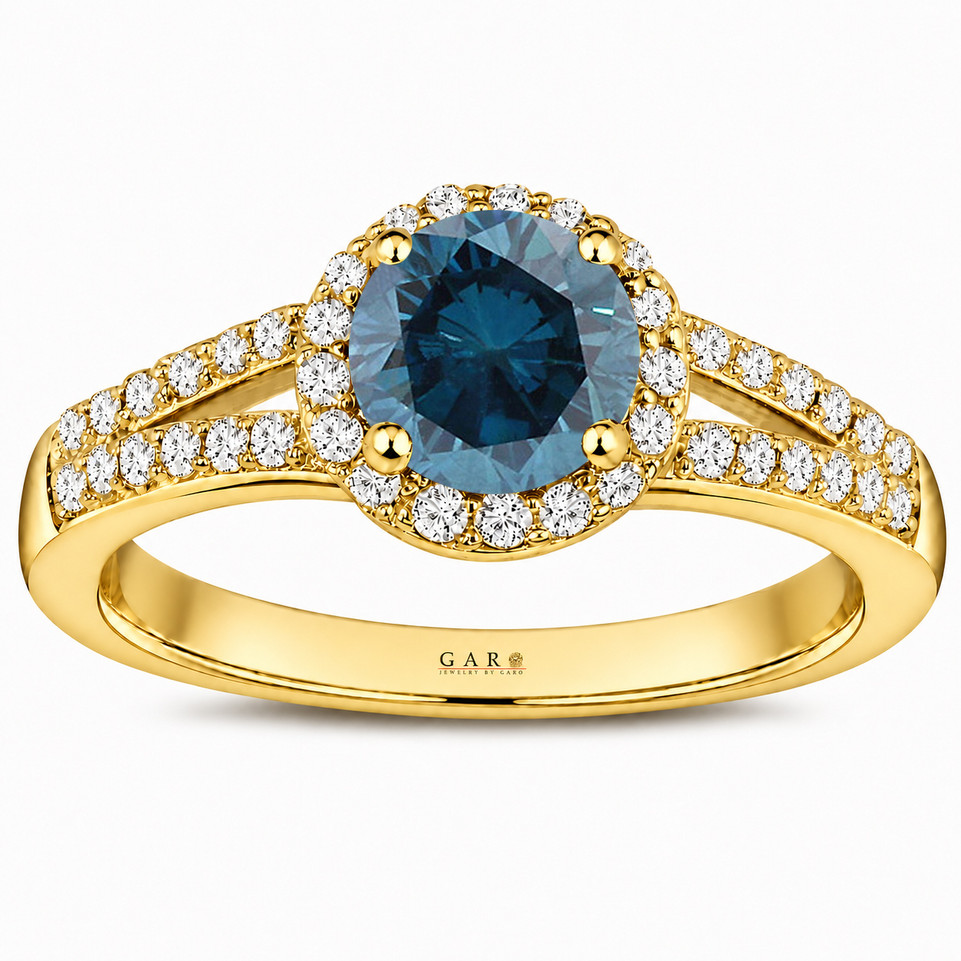 Blue Diamond Halo Engagement Ring 1.36 Carat 14K White Gold or Yellow Gold Certified Handmade