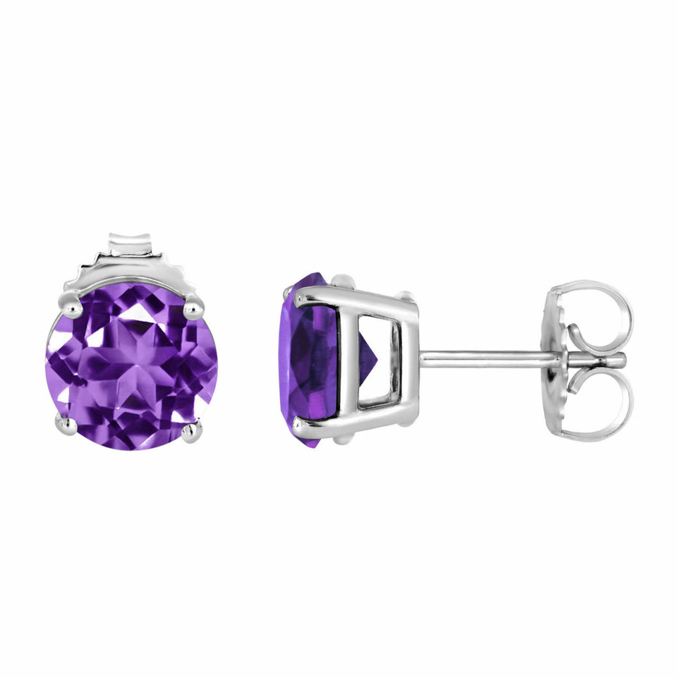 Amethyst Stud Earrings 14K White Gold 2.00 Carat HandMade Birthstone