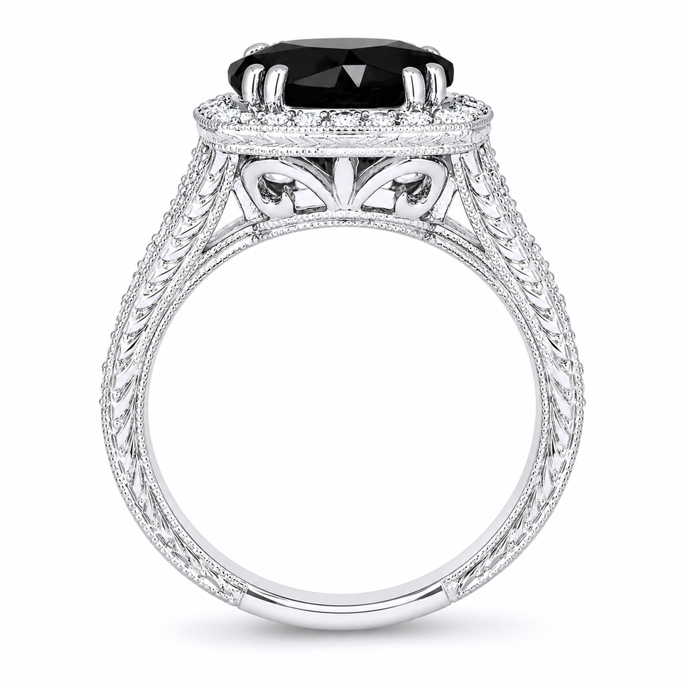Platinum Black Diamond Halo Engagement Ring Antique Style Hand Engraved 3.92 Carat Handmade Unique