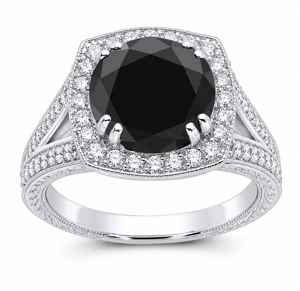 Platinum Black Diamond Halo Engagement Ring Antique Style Hand Engraved 3.92 Carat Handmade Unique