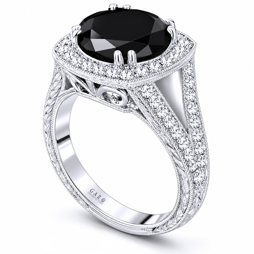 Platinum Black Diamond Halo Engagement Ring Antique Style Hand Engraved 3.92 Carat Handmade Unique