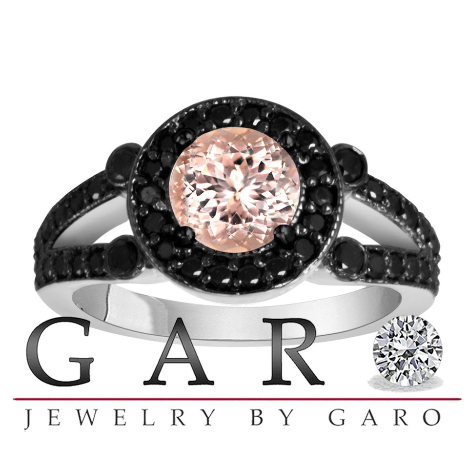 Platinum Morganite & Black Diamonds Engagement Ring 1.40 Carat Halo Handmade Bridal Platinum Morganite & Black Diamonds Engagement Ring 1.40 Carat Halo Handmade Bridal