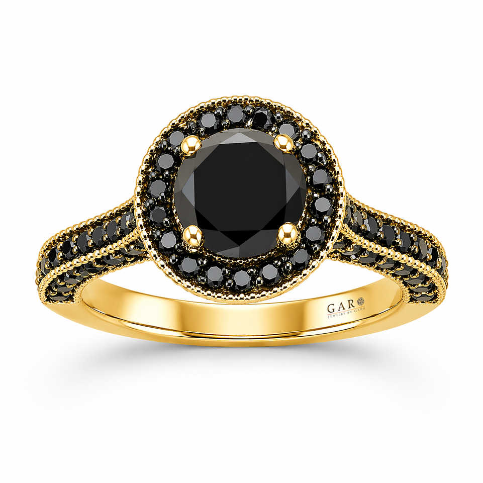 2.00 Carat Black Diamonds Halo Engagement Ring 14K Yellow Gold Certified Handmade