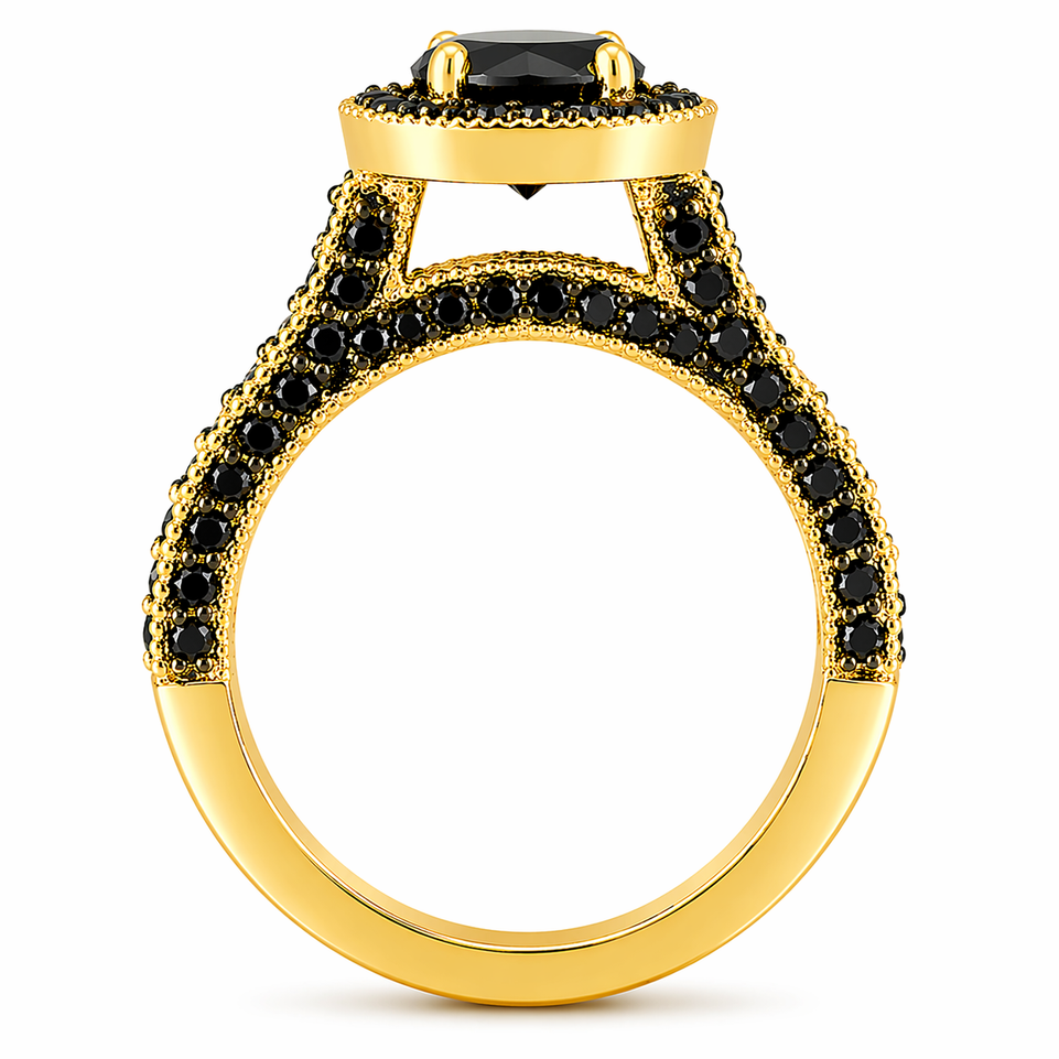 2.00 Carat Black Diamonds Halo Engagement Ring 14K Yellow Gold Certified Handmade