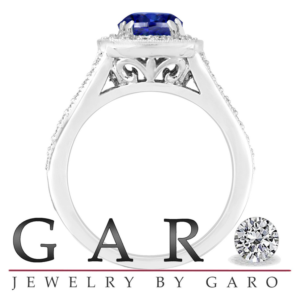 Platinum Blue Sapphire And Diamond Engagement Ring 1.58 Carat Bridal Ring Handmade Halo