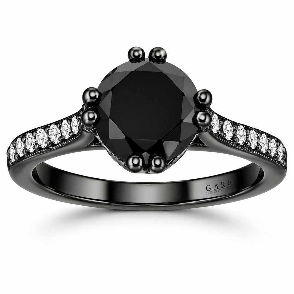 Black Diamond Engagement Ring 1.83 Carat 14K Black Gold Vintage Style Certified Handmade 
