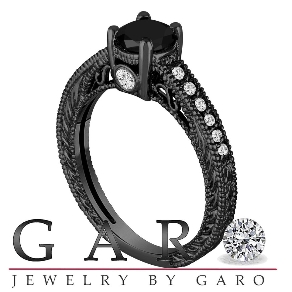 Black Diamond Engagement Ring 14K Black Gold Vintage Style Engraved 1.20 Carat Certified Handmade