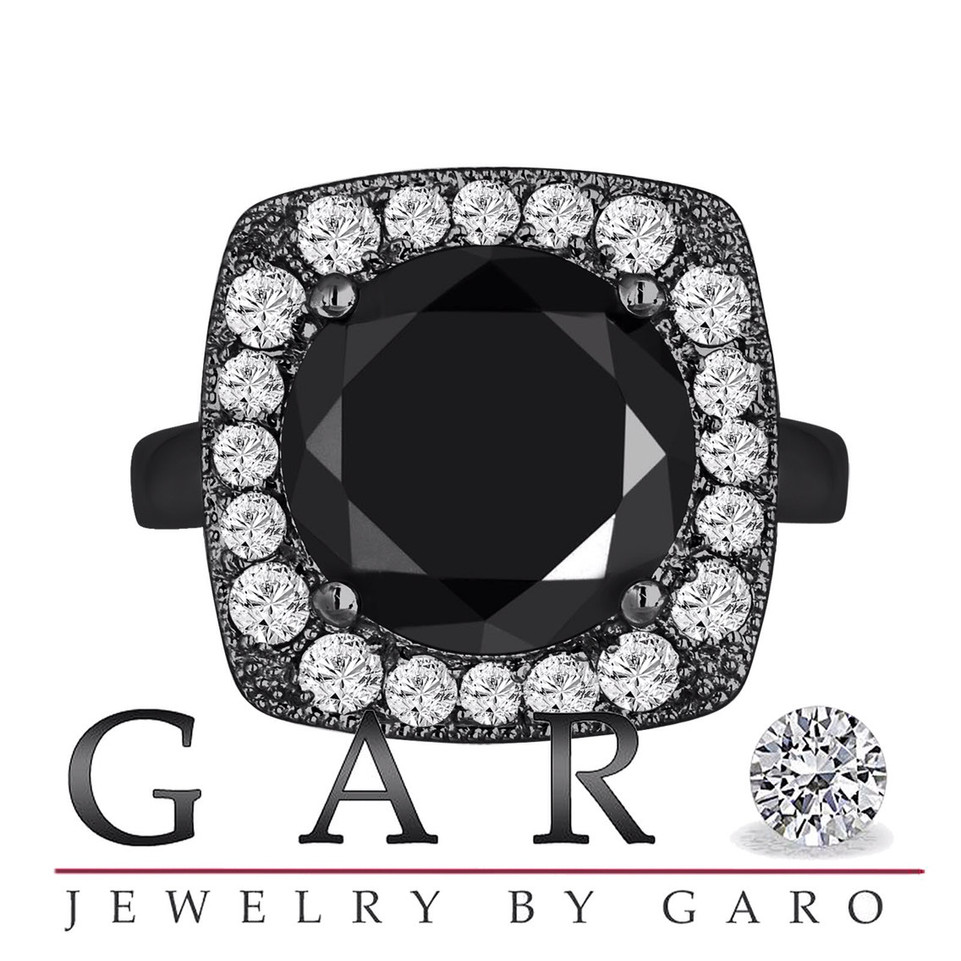 Huge Fancy Black Diamond Engagement Ring 6.88 Carat Vintage Style 14k Black Gold Unique Design Halo Ring handmade