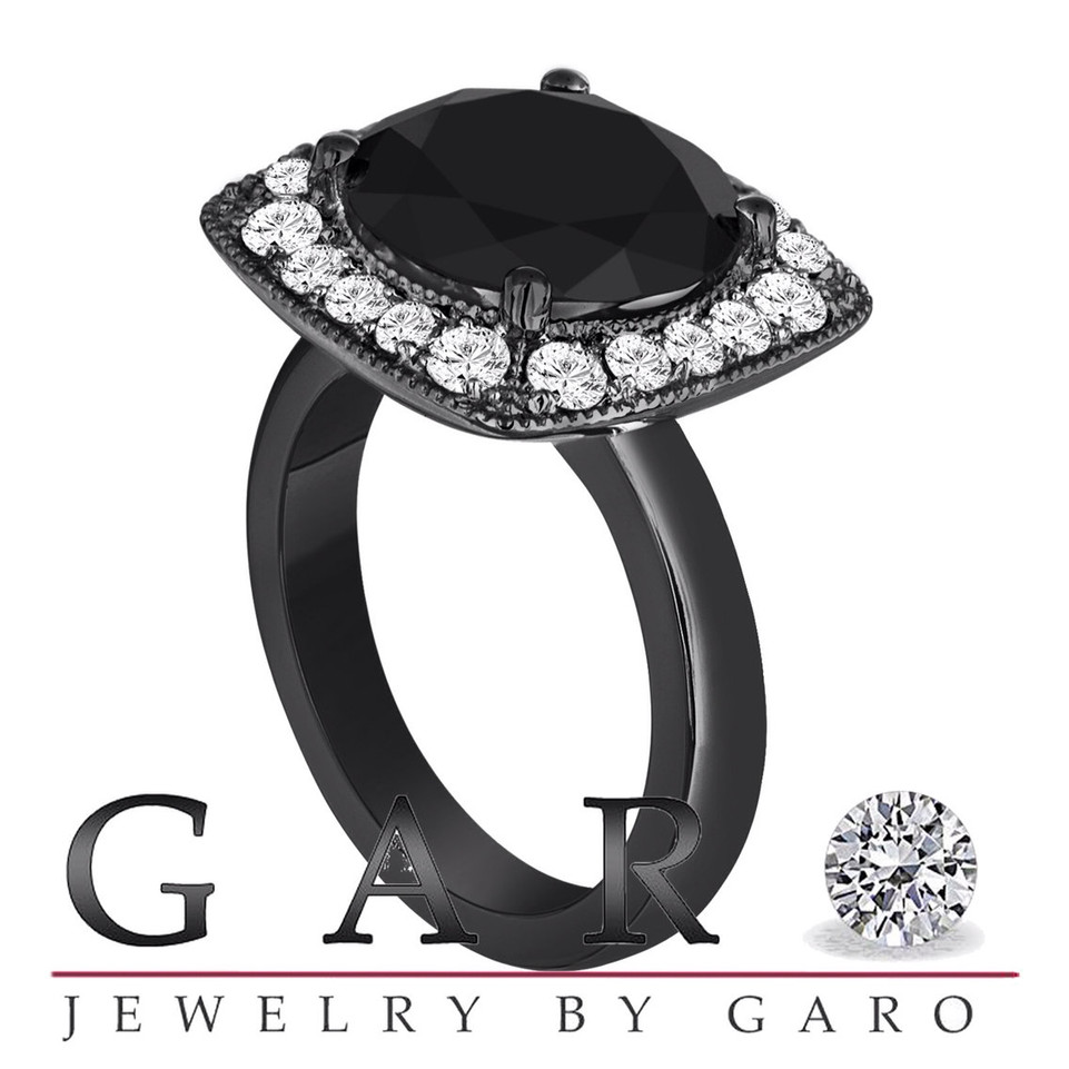 Huge Fancy Black Diamond Engagement Ring 6.88 Carat Vintage Style 14k Black Gold Unique Design Halo Ring handmade